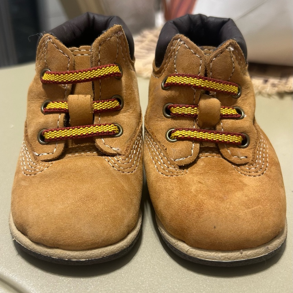 Timberland Kids Tan Suede Boots with Yellow-Red Accent Laces